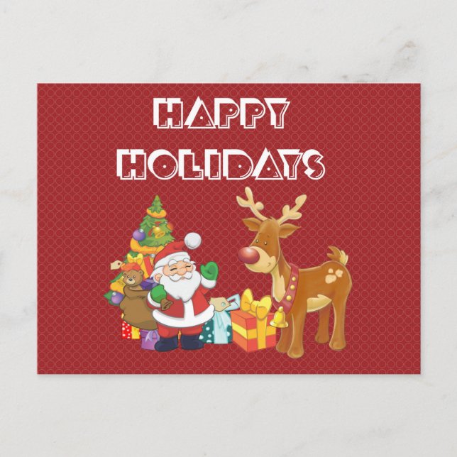 Santa y reno por árbol de Navidad con regalo (Anverso)