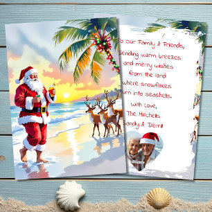 Santa y renos en la playa Navidad en acuarela