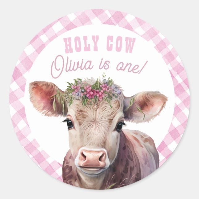 Santo Vaca Soy un Pegatina Fiesta de Gingham Rosa (Anverso)