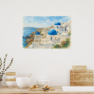 Santorini Grecia Acuarela Arte Iglesia de Cúpula A