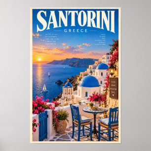 Santorini Grecia Atardecer Cúpula Azul Póster de V