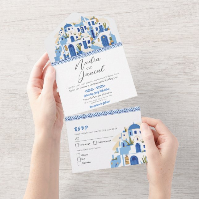 Santorini Grecia Boda Invitación griega y RSVP (desgarro)