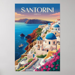 Santorini Grecia Cúpula Azul Arte de Viaje Vintage