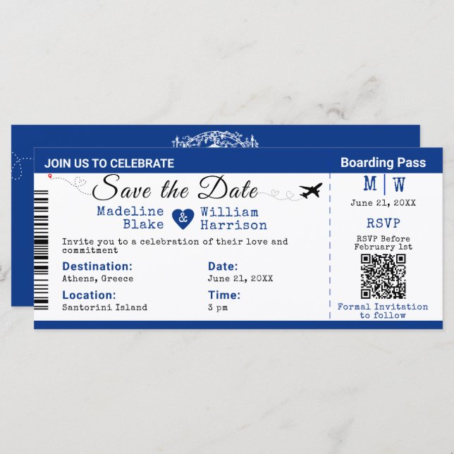 Santorini Skies Boarding Pass Style Guardar La Fec (Anverso / Reverso)