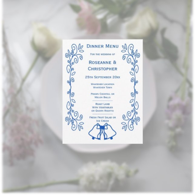 Sapphire Boda Menu Card Bells Scroll (Sapphire wedding menu card bells and scrollwork design)