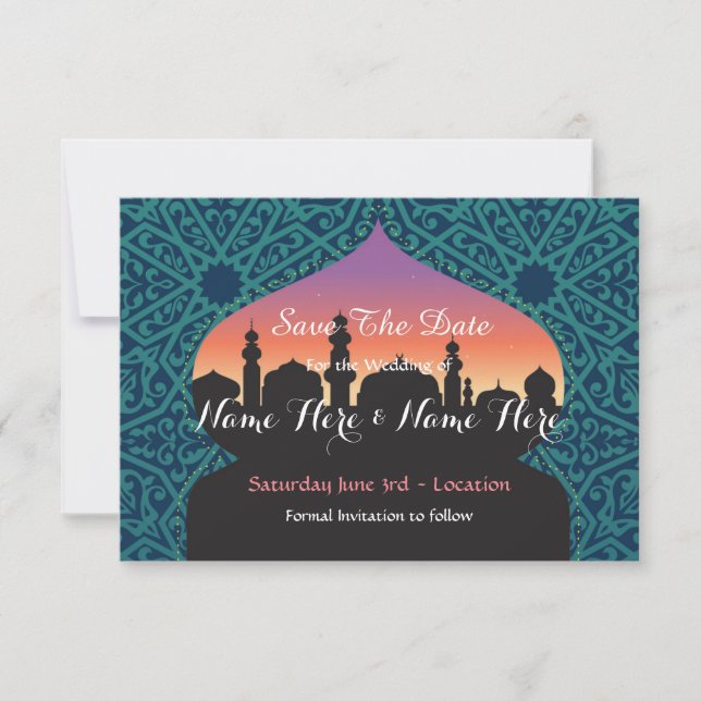 Save the Date Arabian Nights Boda Invitación Verde (Anverso)