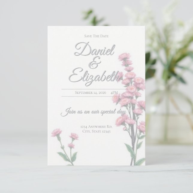 Save The Date floral wedding invitation (Anverso de pie)