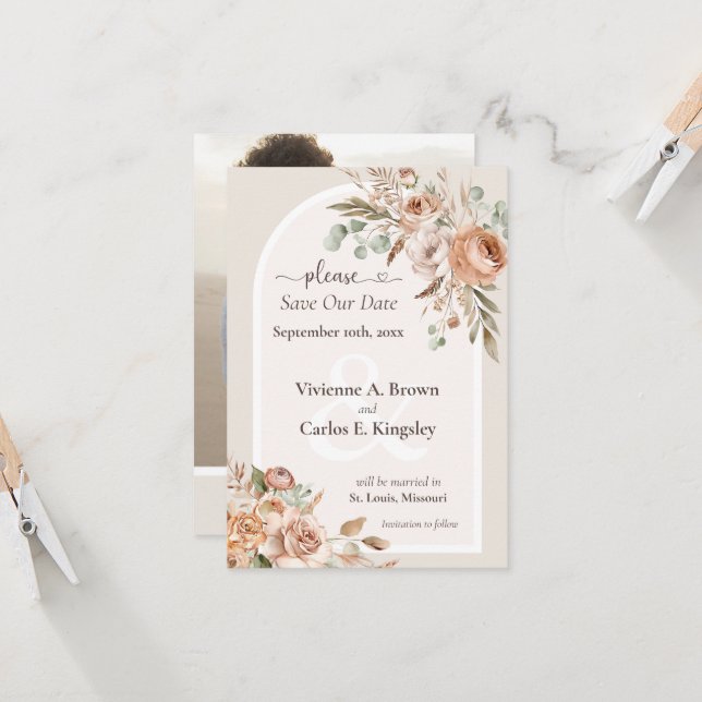 Save the Date Light Earth Tone Boho Floral Photo (Anverso/Reverso In Situ)