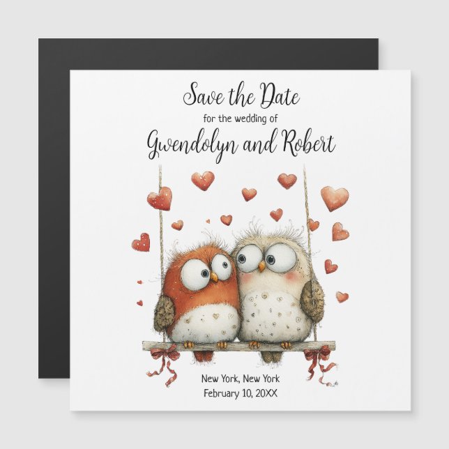 Save the Date Wedding Magnet Cute Owl Couple  (Anverso/Reverso)