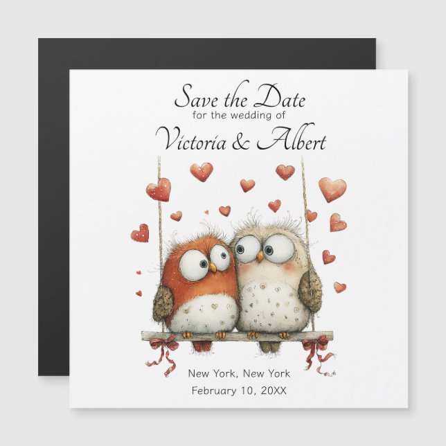 Save the Date Wedding Magnet Whimsical Owl Couple  (Anverso/Reverso)