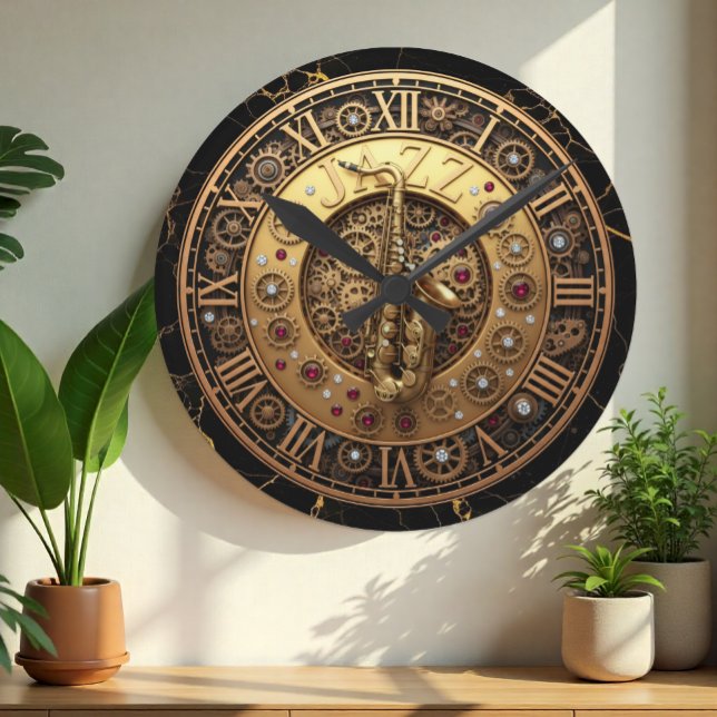 Saxofón, Reloj de jazz, Marble Steampunk Industria (Saxophone, Jazz Wall Clock with industrial motive)