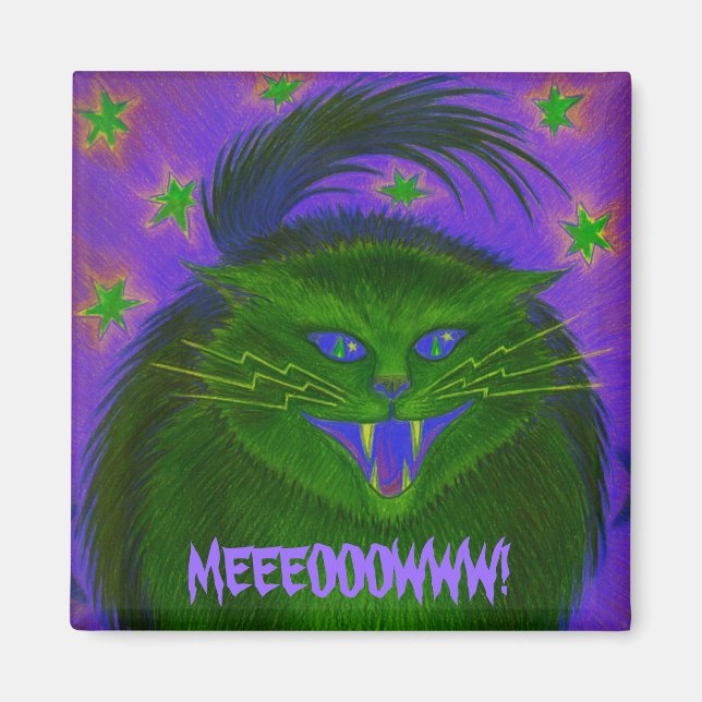 Scary Cat Green 'MEEEOOWWWWW!' imán de refrigerado (Frente)