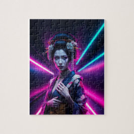 Schöne Geisha Puzzle mit Neon Hintergrund – Elegan