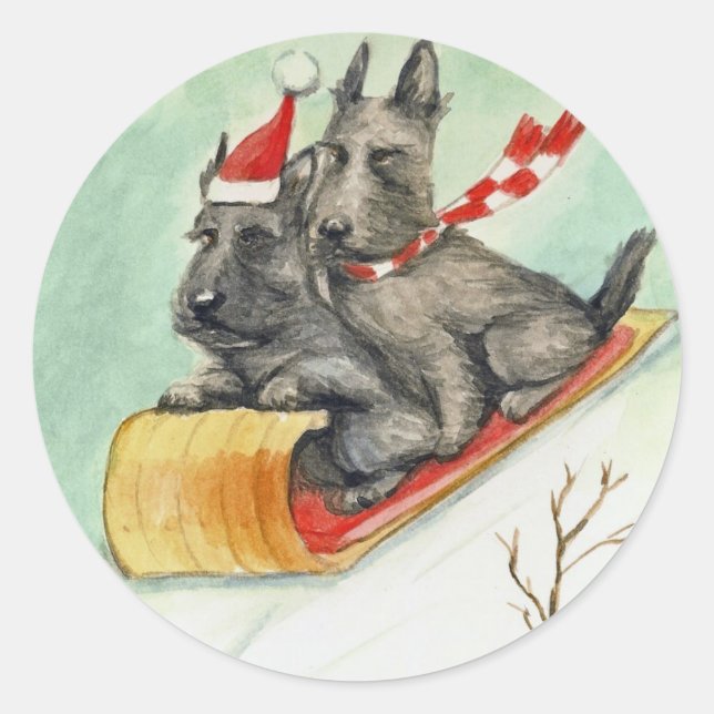 "Scottie Sleigh Ride" Dog Art Pegatinas (Anverso)