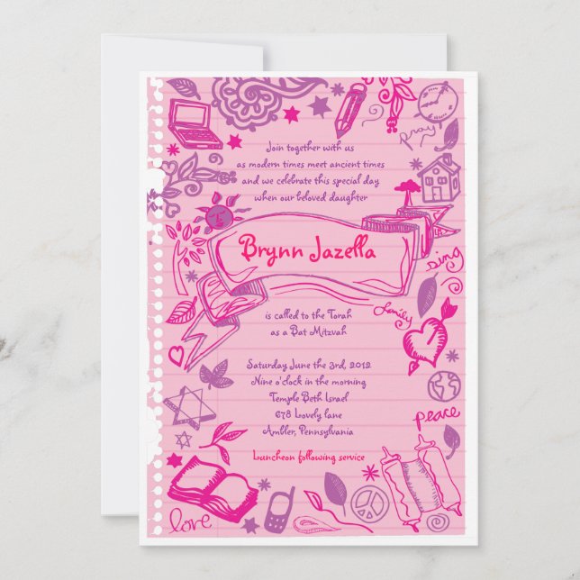 SCRIBBLES sobre la invitación Bat Mitzvah del NOTE (Anverso)