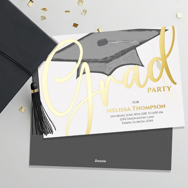 Script clásico de plantilla de fotografía de gradu (Gold foil invitation announcement. )