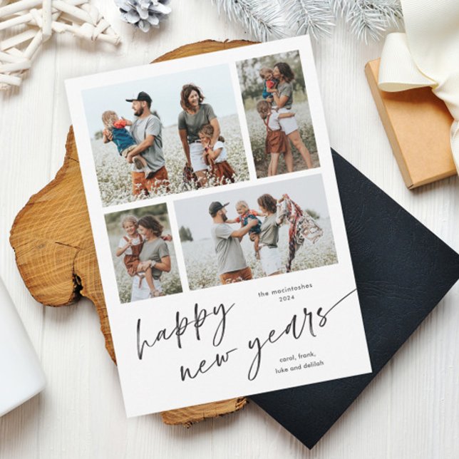 Script de Colaje de Fotos Simple Feliz Año Nuevo I (Simple black and white script happy new years 4 photo collage new years card holiday magnetic card.)