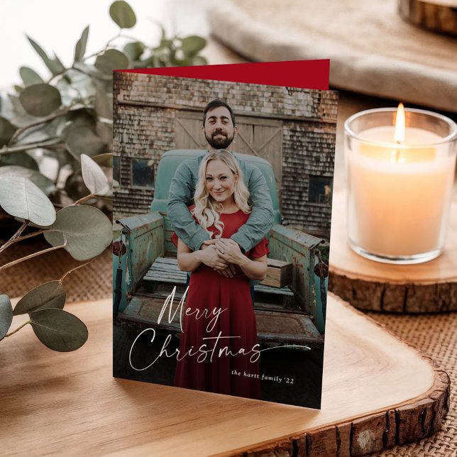 Script de Navidad Feliz Mínimo 2 Foto (Modern Script Merry Christmas Full bleed 2 Photo Folded Holiday Cards.)