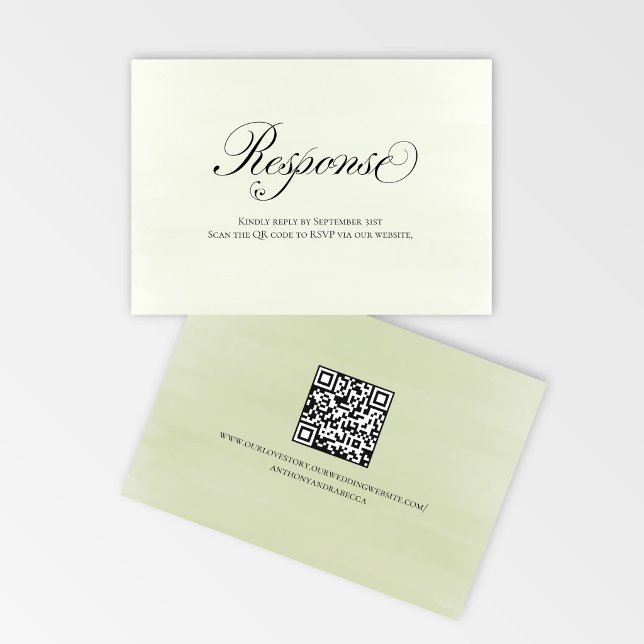 Script de respuesta de boda con código QR floral v (Elegant sage green floral RSVP card with QR code for easy online responses)
