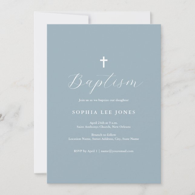 Script Dusty Blue Modern Baptism Invitación (Anverso)