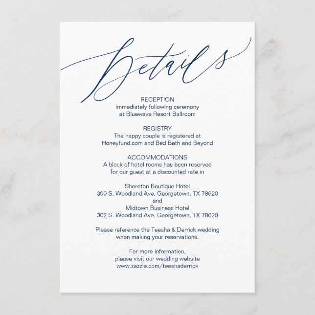 Script moderno, azul marino, tarjeta de detalles B (Anverso)