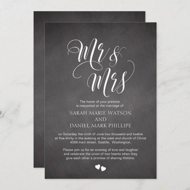 Script Mr & Mrs Wedding Invitar tarjeta de Chalkbo (Anverso / Reverso)