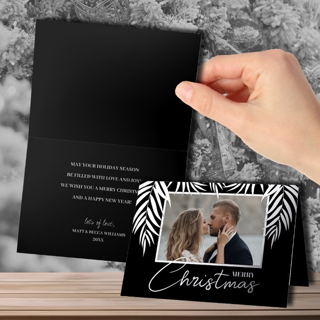 Se doblan las palmas de plata de navidad (Merry Christmas, palm fronds in silver foil, photo on front, greeting inside folded greeting cards)