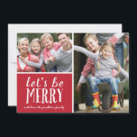 Sé Feliz | Tarjeta fotográfica de vacaciones<br><div class="desc">Esta tarjeta de vacaciones de 2 fotos en rojo y blanco presenta un diseño tipográfico bonito y el saludo "Seamos alegres" con letras caligráficas extravagantes.</div>