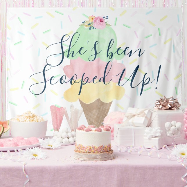 Se le ha escogido el tapiz del helado (Large She's Been Scooped Up Party Bridal Shower Backdrop Sprinkle | Green Pink Yellow Watercolor)