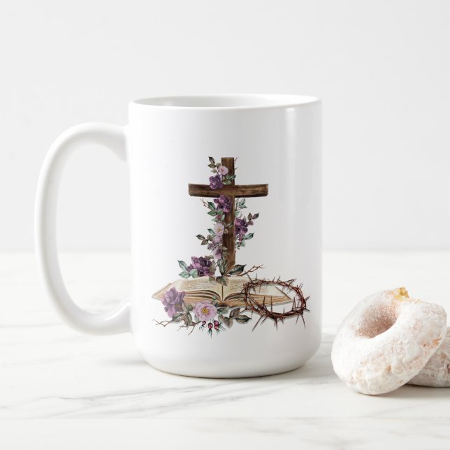 Se levanta cruz floral con taza de café bíblico (Con donut)