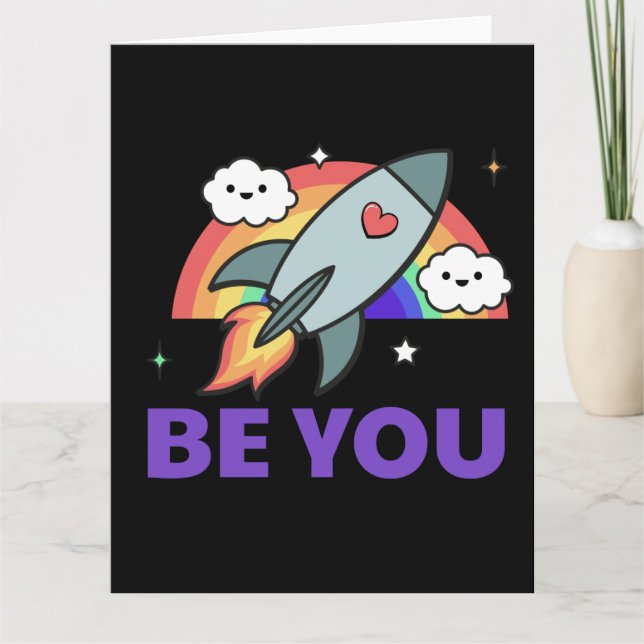 Sé tú. Nube de cohetes arco iris con tarjeta cardí (Anverso)