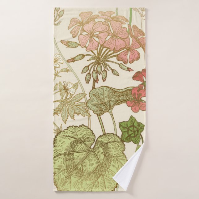 Seamless floral pattern. Green foliage,  pink gera (Toalla de baño)