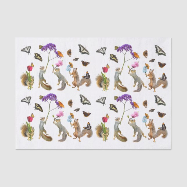 Seda Ardillas, flores y mariposas Papel de tejidos (Anverso)