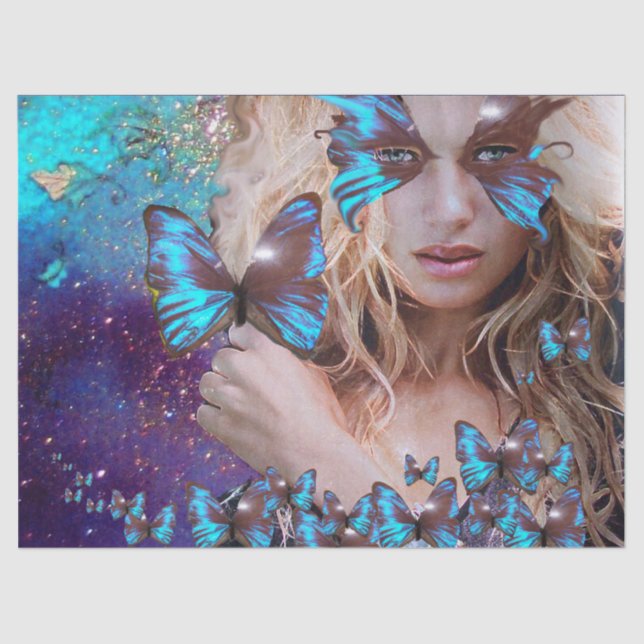 Seda Belleza AZUL BUTERRFLY en papel de tejidos natural (Anverso)