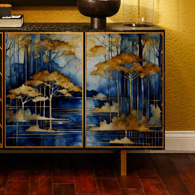 Seda Blue Lake Gold Trees Papel del tejido de la desuni (Subido por el creador)