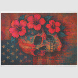 Seda Calavera e Hibiscus en papel de bandera roja