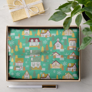 Seda Casas de Navidad Papel de regalo azul verde