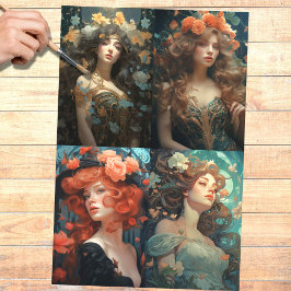 Seda Collage de mujeres de Art Nouveau 1 Papel de desal
