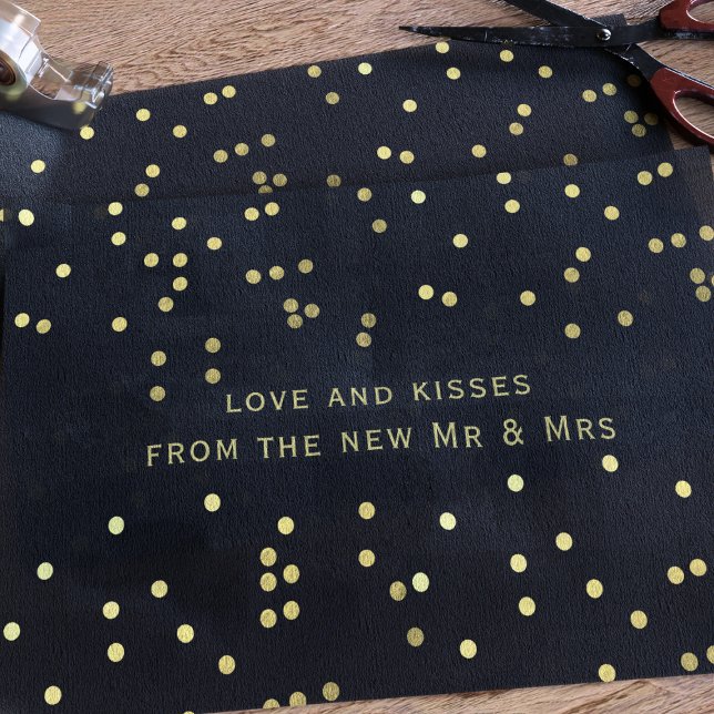 Seda Confetti negro y oro gracias papel de té (Faux gold confetti sprinkles on black tissue paper with space for a short message.)