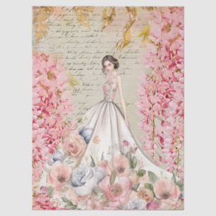 Seda Dama Romántica en Papel de Decoupage de Vestido Fl