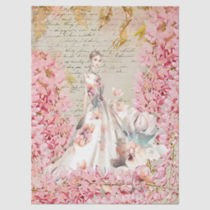 Seda Dama Romántica en Papel de Decoupage de Vestido Fl