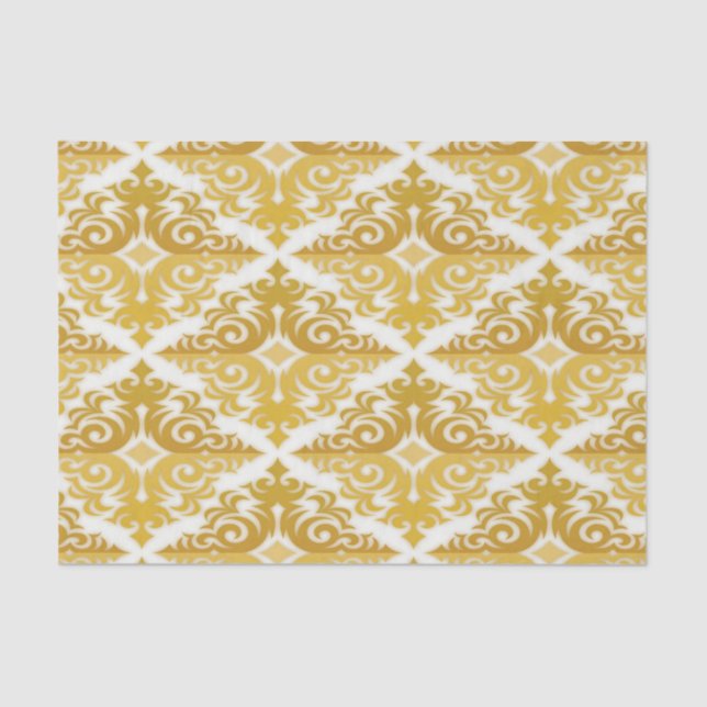Seda Damasco de papel pintado dorado y blanco (Anverso)
