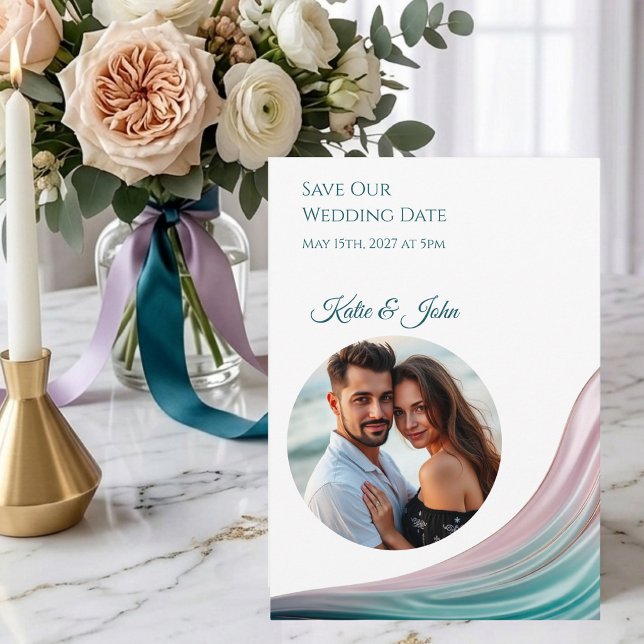 Seda de Té y Rubor Tarjeta de Guardar la Fecha de  (Teal & Blush Silk Wedding Save the Date with Photo )