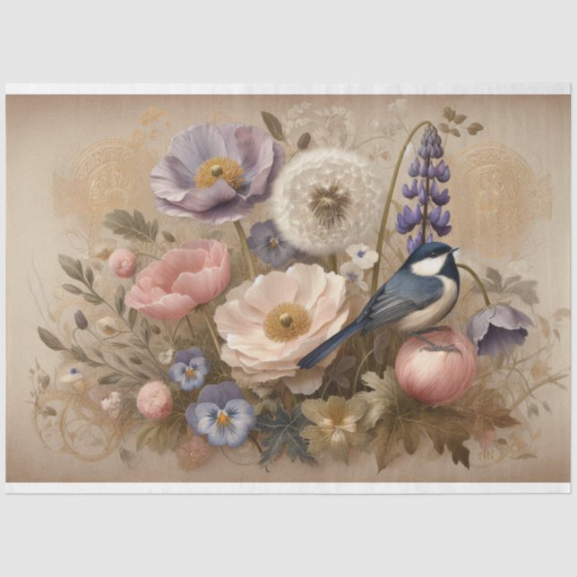 Seda Diseño de pájaros florales Peony Tejido de papel d (Anverso)