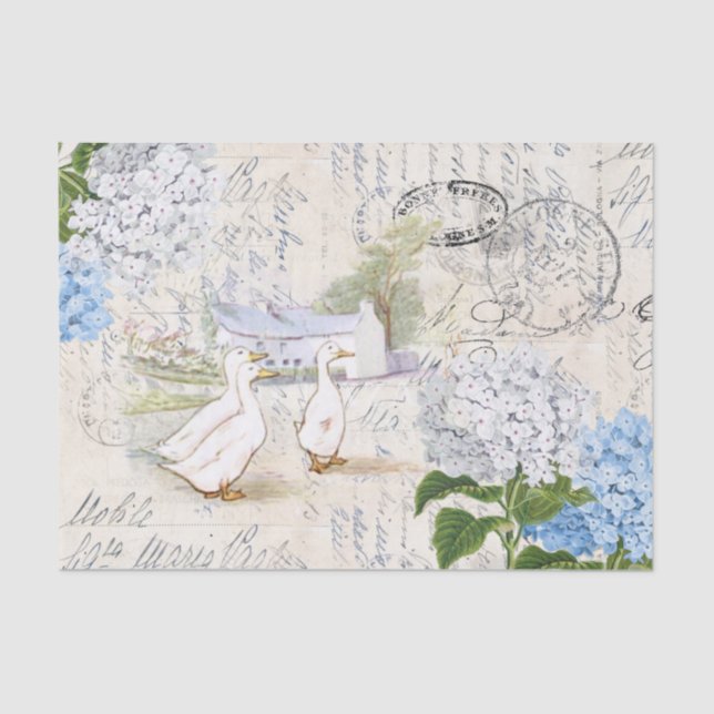 Seda Ducks Farmhouse Flores Papel de Tejido Italiano (Anverso)