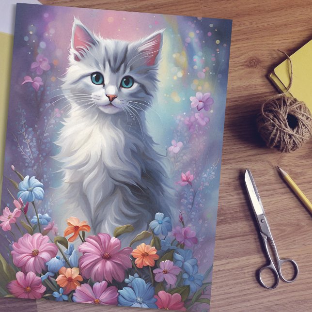 Seda Fantasía Floral Caprichosa con Pañuelo de Papel de (🌸🐱 Whimsical Magic: Floral Fantasy & Kitten Tissue Paper! 🎨)