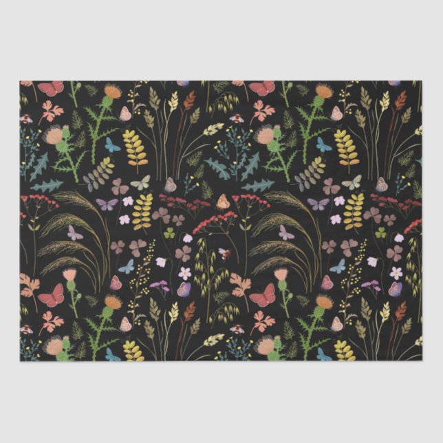 Seda Flores salvajes negras Papel de tejidos (Anverso)