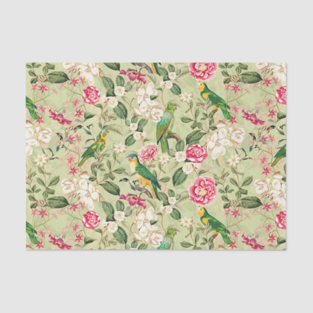 Seda Jungla de loro tropical - Papel de tejido verde (Anverso)