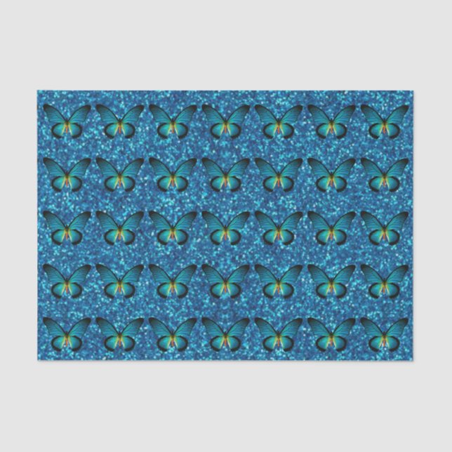 Seda Mariposa Azul En Papel De Tejido De Purpurina Azul (Anverso)