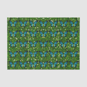 Seda Mariposa Azul Sobre Papel De Tejido Verde Purpurin